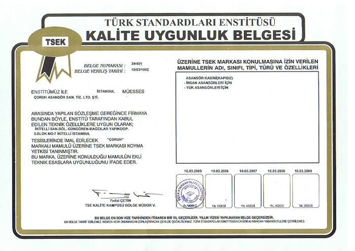 TSEK KALİTE UYGUNLUK BELGESİ ASANSÖR KABİNİ