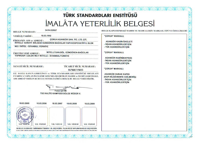 TSEK İMALAT YETERLİLİK BELGESİ