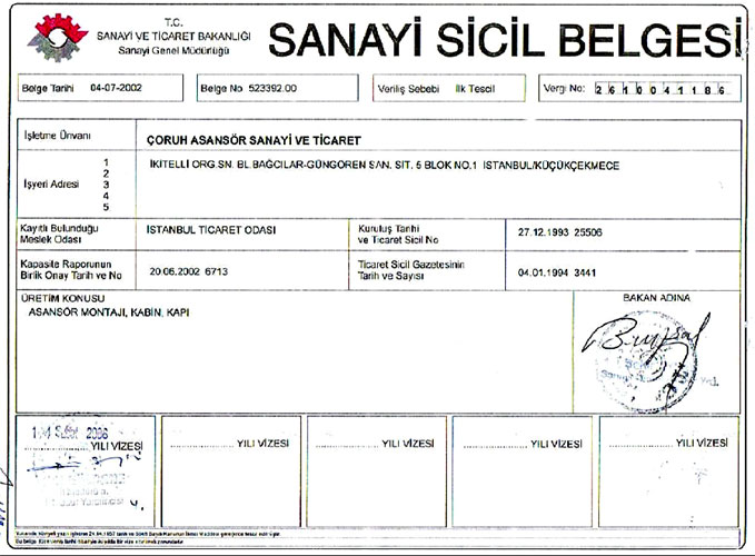 SANAYİ SİCİL BELGESİ