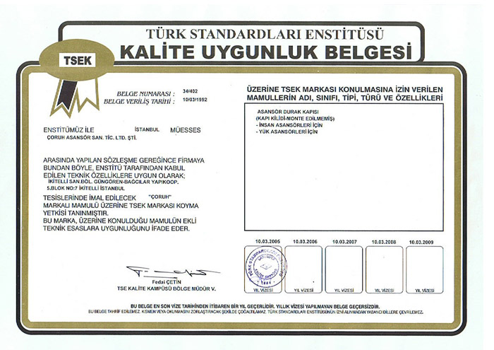 TSEK KALİTE UYGUNLUK BELGESİ ASANSÖR DURAK KAPISI