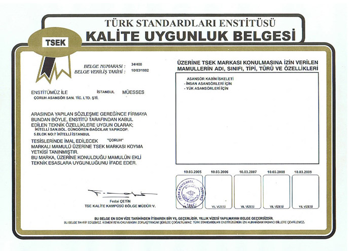 TSEK KALİTE UYGUNLUK BELGESİ ASANSÖR KABİN İSKELETİ